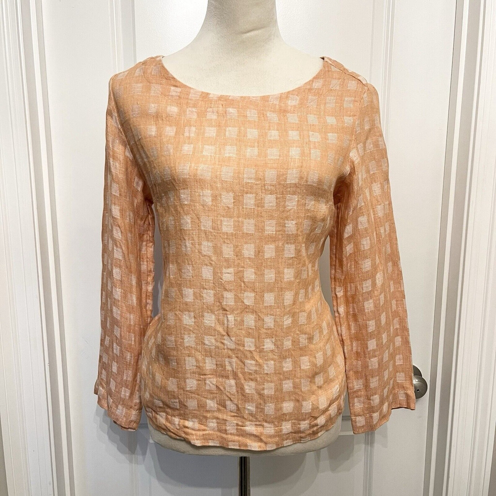 Sigrid Olsen 100% Linen Orange Square Print Long Sleeve Blouse- Womens Small‎